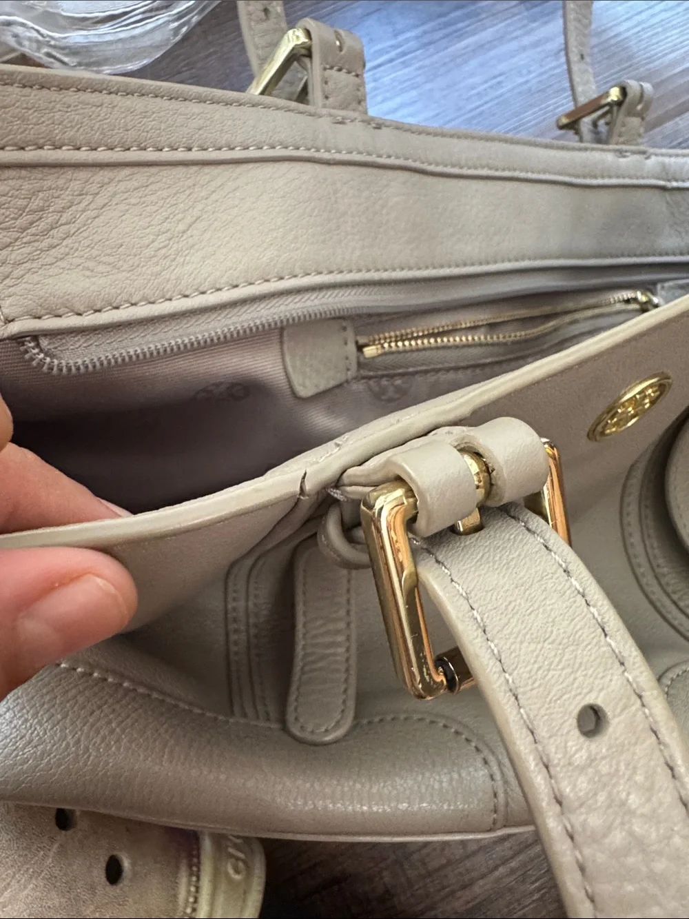 Tory Burch gray Pebbled Leather Tote with Gold Logo